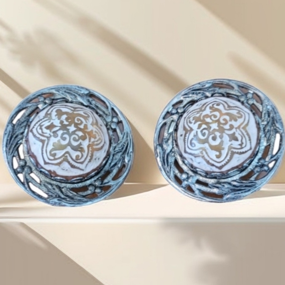 Vintage Large Disc Silver Gold and Cream Clip On Earrings